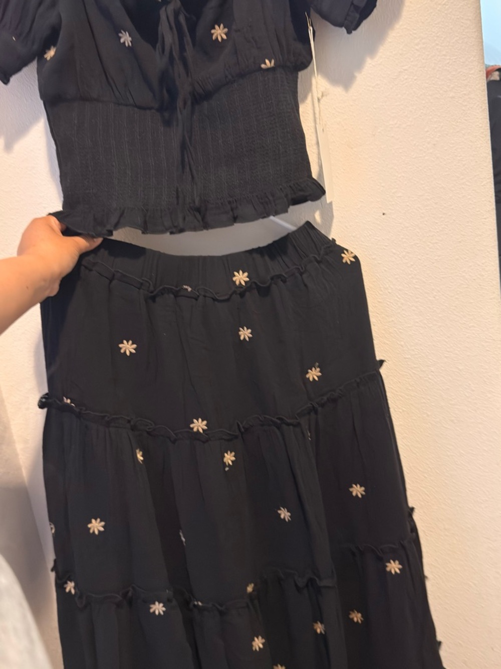 Black Tiered Maxi Skirt with Cream Daisy Embroidery